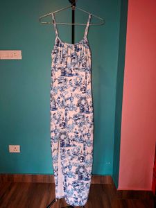 Blue White Print Maxi Dress with Slit