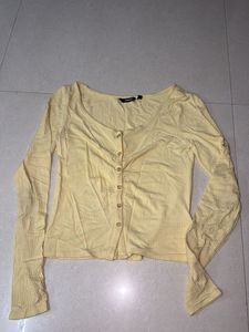 Butter Yellow Ribbed Button-Up Long Sleeve Top