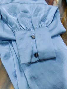 Elegant Cut-Out Neckline Blue Satin Top