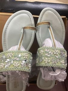 Mirror Pearl Mint Green Flat Sandals