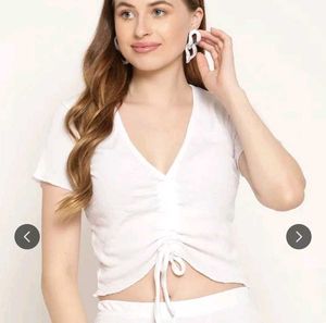 White Ruched Drawstring Crop Top