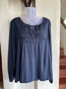Blue Pleated Neckline Long Sleeve Top