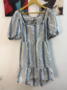 Blue Striped Puff Sleeve Square Neck Dress