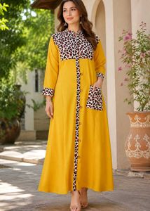 Yellow Anarkali Long Kurta with Printed Yoke