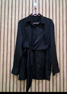 Elegant Black Tie Wrap Shirt Blouse