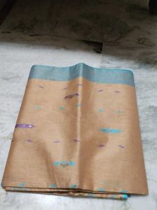 Elegant Tan Saree with Blue Border