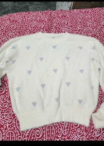 Cream Heart Pattern Fuzzy Sweater