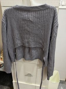 Grey V-Neck Cropped Ribbed Sweater