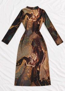 🤎✨ MOCHA MARBLE — Luxe Abstract Print Midi Dres