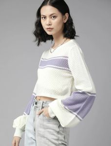 Cream &amp; Lilac Striped Knit Sweater