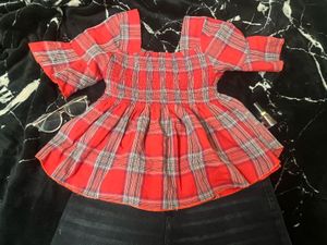 Red Plaid Smocked Top