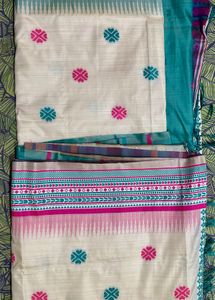 Elegant Off-White Saree with Pink &amp; Teal Motifs