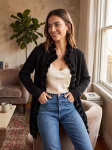 Chic Black Cardigan with Faux Fur Trim