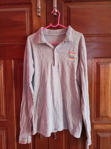 Gray Long Sleeve Polo Shirt with Graphic