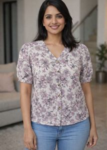 Floral Print V-Neck Puff Sleeve Top