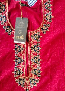Elegant Pink Printed Kurta with Embellished Neckli