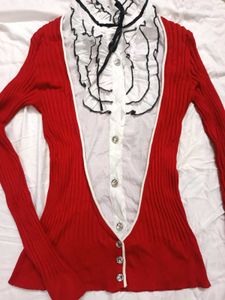 Red Cardigan with Ruffle Detail Vintage Look