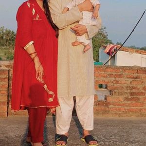 Elegant Red Kurta Set with Gold Trim