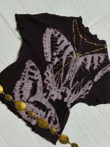 Dark Purple brown Butterfly Print fitted top