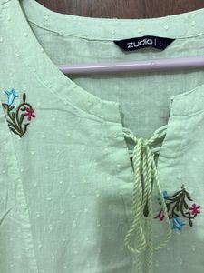 Embroidered Tie-Neck Cotton Kurta