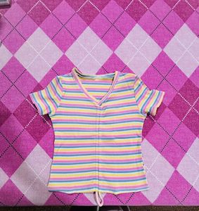 Striped Ruched V-Neck Tee