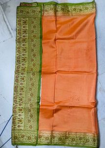 Orange Silk Saree with Green Border