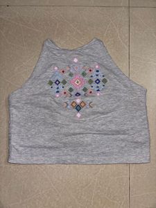 Grey Embroidered Halter Neck Crop Top