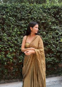 Elegant Olive Green Saree with blouse-Stitched