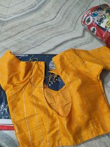 Designer Yellow Blouse with Blue Saree