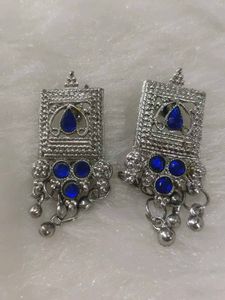Silver Jhumka Earrings with Blue Stones
