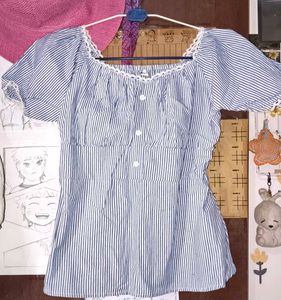 Blue Striped Puff Sleeve Top
