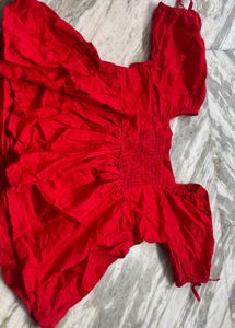 Red Smocked Square Neck Blouse