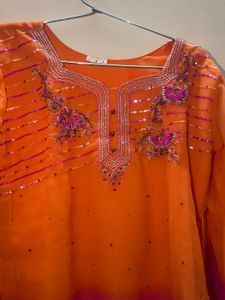 Orange &amp; Pink Ombre Kurta Set with Embellishments