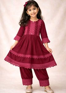 Charming Girls' Maroon Kurta with Pants