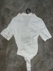 Zara White Linen-Blend Cutout Button-Up Bodysuit