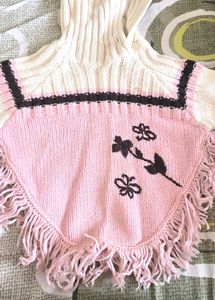 Cute Pink Knit Poncho with Fringe