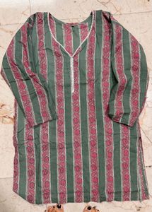 Green Striped Kurta with Pink Floral Print
