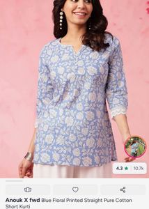 Blue Floral Printed Cotton Short Kurti