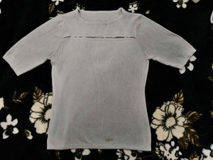 Grey Ribbed T-Shirt with Cutout Detail