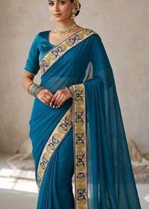 Elegant Teal Saree with Gold Embroidery