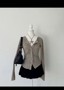 Chic Ruched Ribbed Knit Cardigan Top