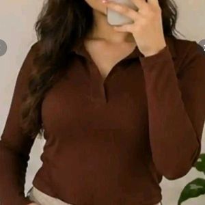 Chic Brown Ribbed Collared Top