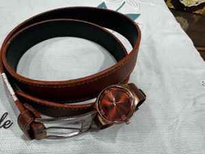 Stylish Brown Leather Belt & Watch Set