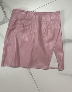 Pink Faux Leather Mini Skirt with Slit