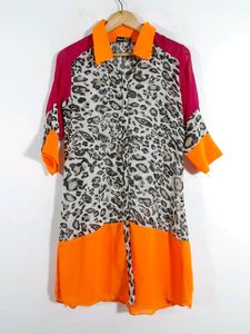 Vibrant Colorblock Leopard Print Shirt Dress