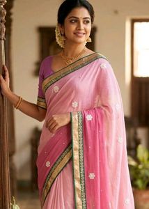 Pink Saree with Green & Gold Border