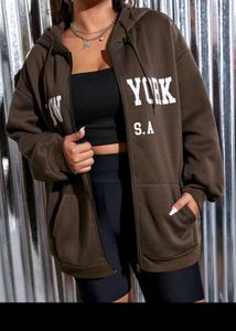 Oversized Brown "New York" Zip-Up Hoodie