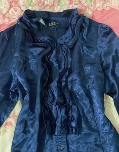 Elegant Navy Blue Ruffle Shirt