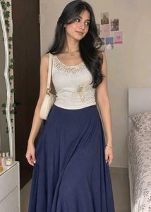 White Embellished  Top & Navy Blue Flare