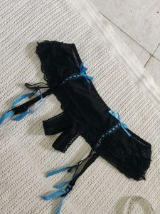 Lacy Black Garter Belt with Blue Bows